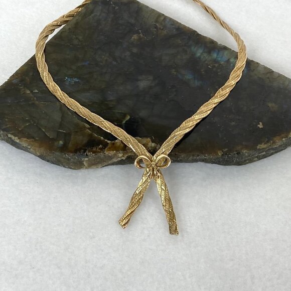 Gold Vermeil Sterling Silver 925 Italy Bow Herringbone Necklace & Bracelet Set - Picture 6 of 16